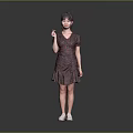 Woman In Red Floral Dress Standing Against Gray Background Holding Small Object With White Shoes